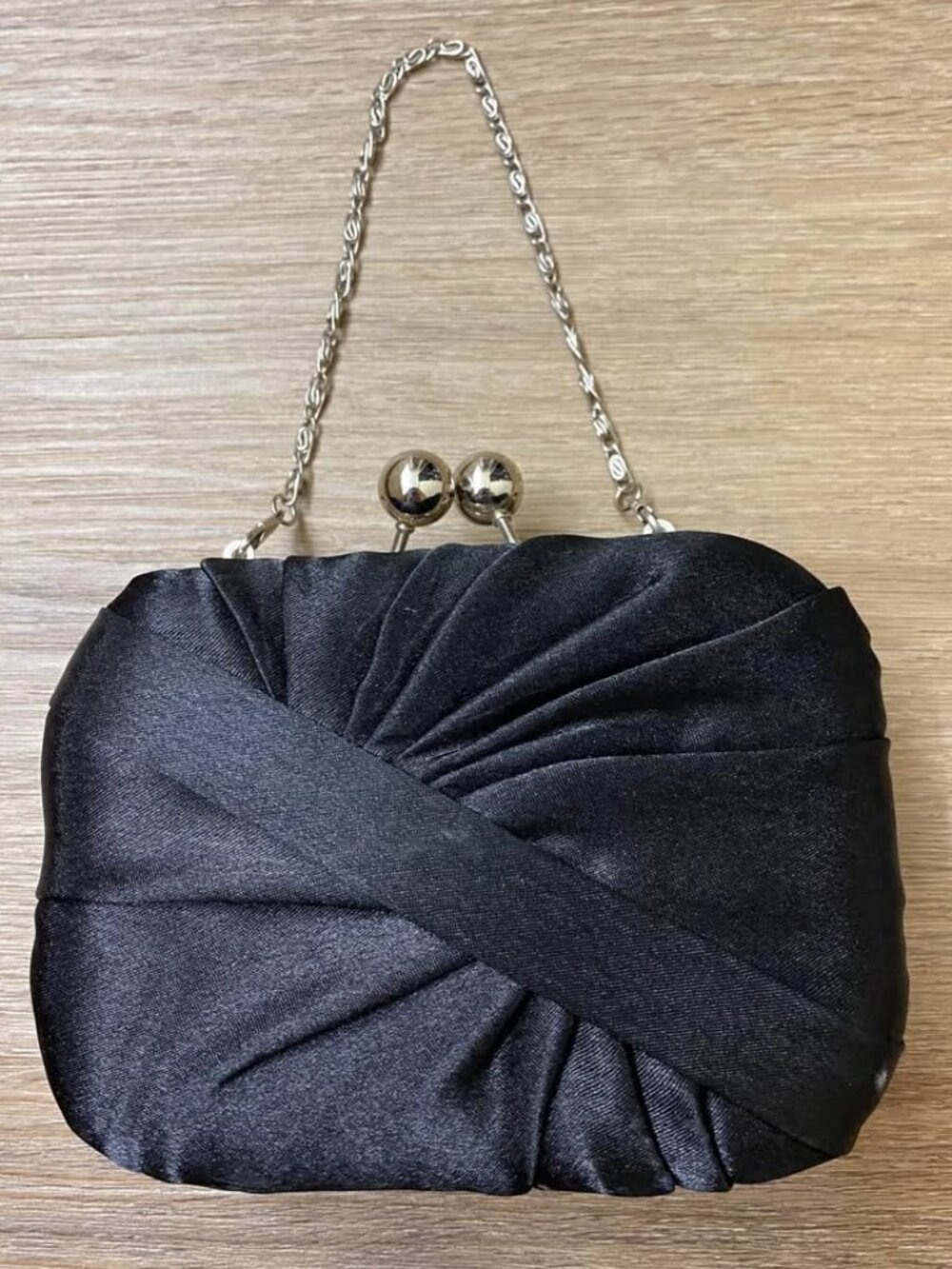 Bijoux Terner Black Satin Evening Clutch Kiss Lock Silver Frame Formal Handbag